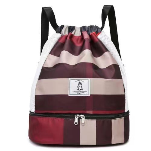 Large-capacity backpack with drawstring mouth, fashion plaid travel nylon shopping bag 42*35*20