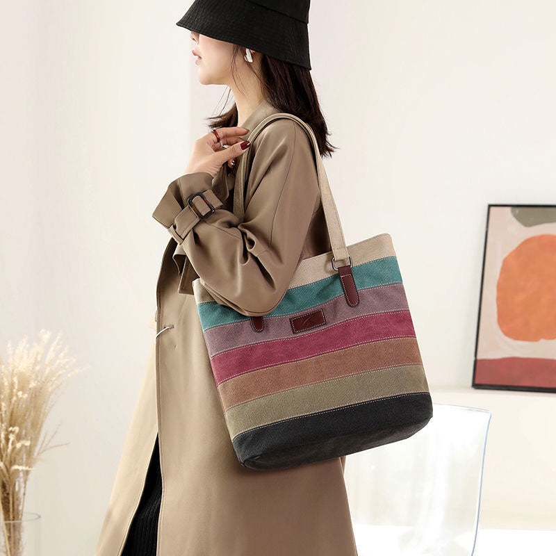 Striped canvas bag/large capacity handbag/ladies casual bag/height 34CM+ (hand-held 33CM)*width 33CM*thickness 14CM